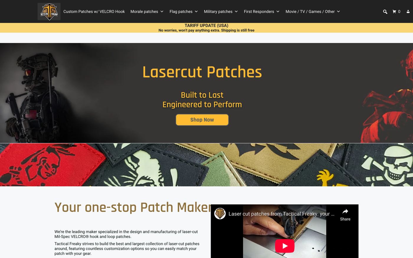 Tactical Freaky homepage screenshot showing custom patch offerings