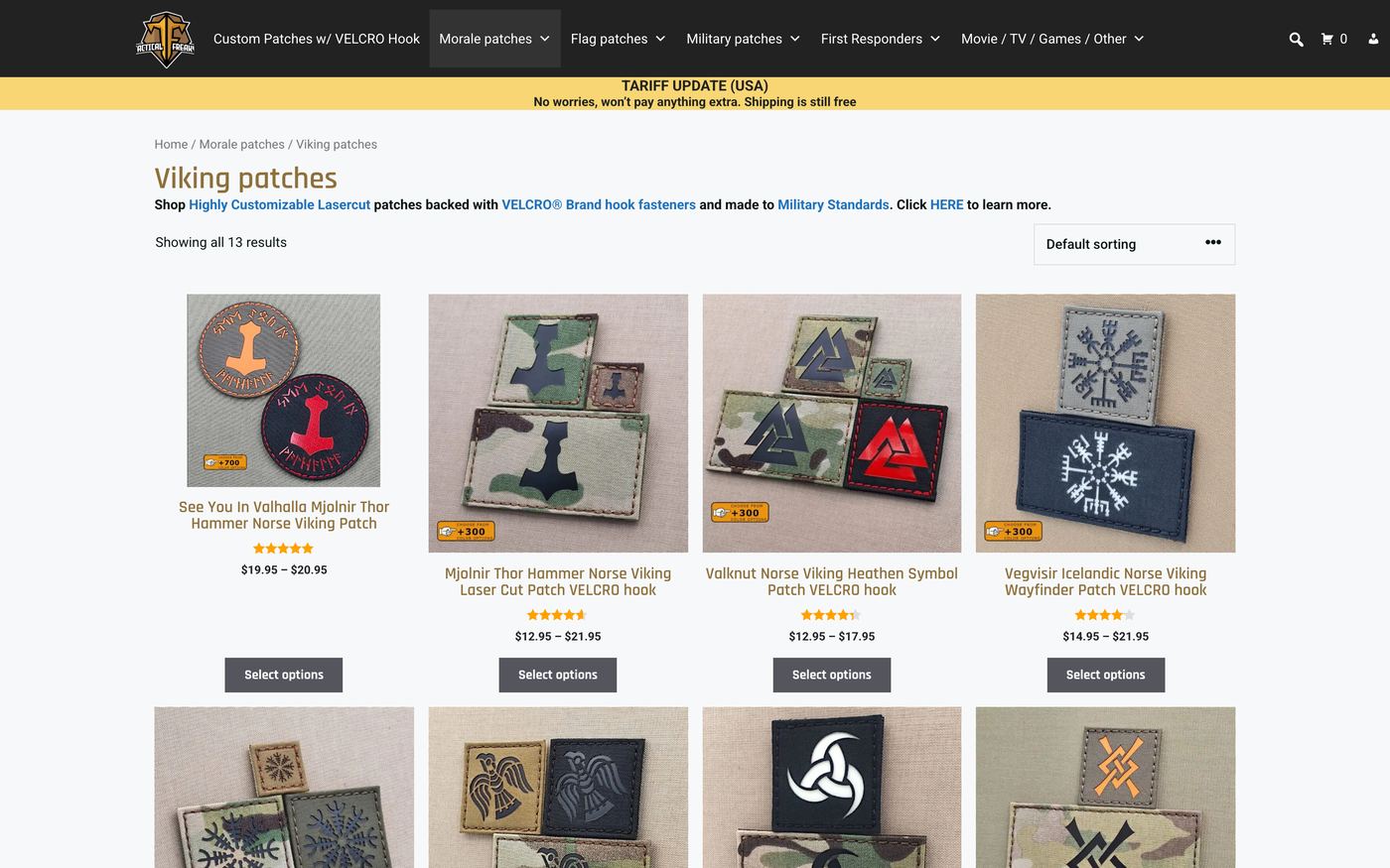 Tactical Freaky product page screenshot showing custom patch offerings