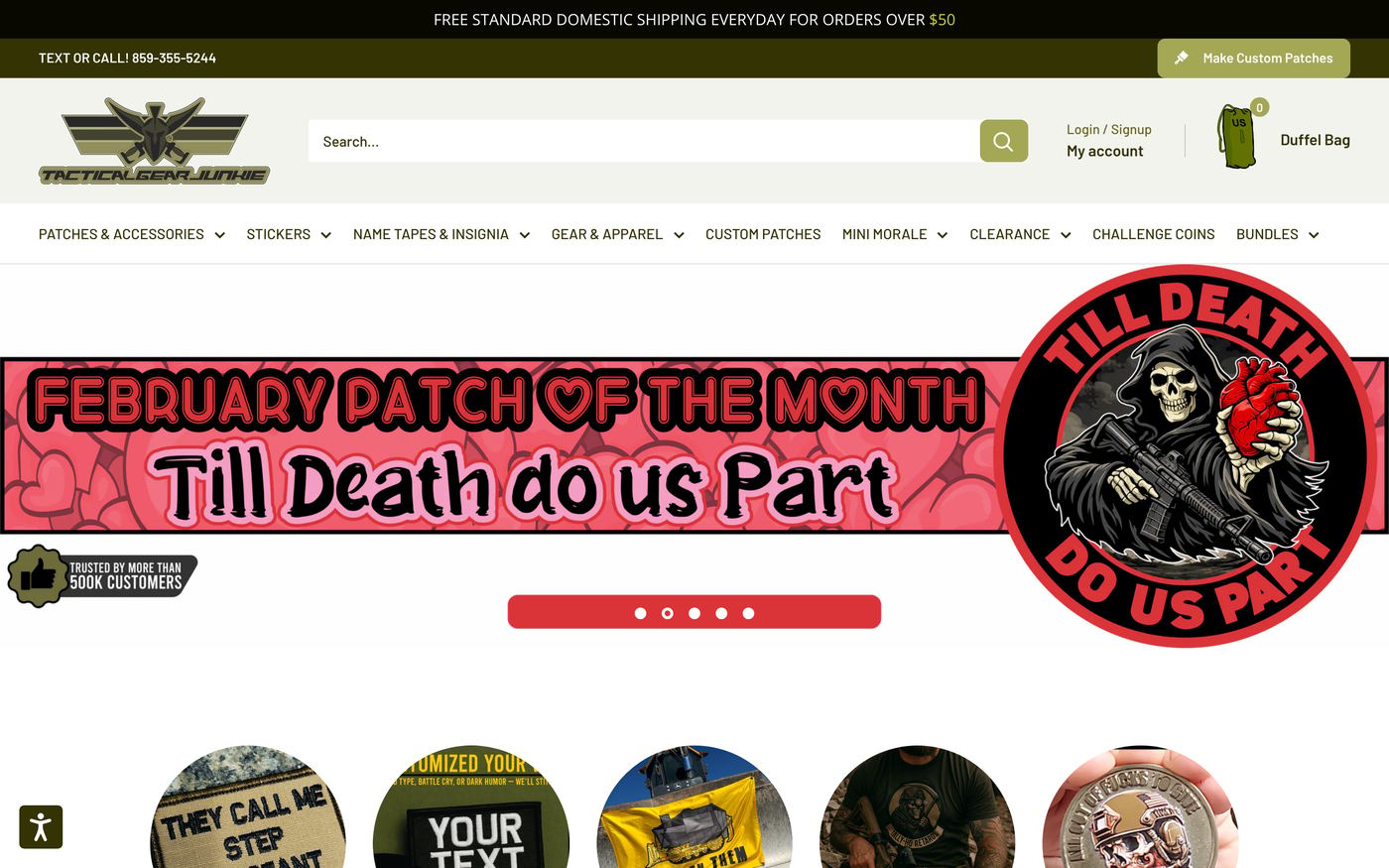 Tactical Gear Junkie homepage screenshot showing custom patch offerings