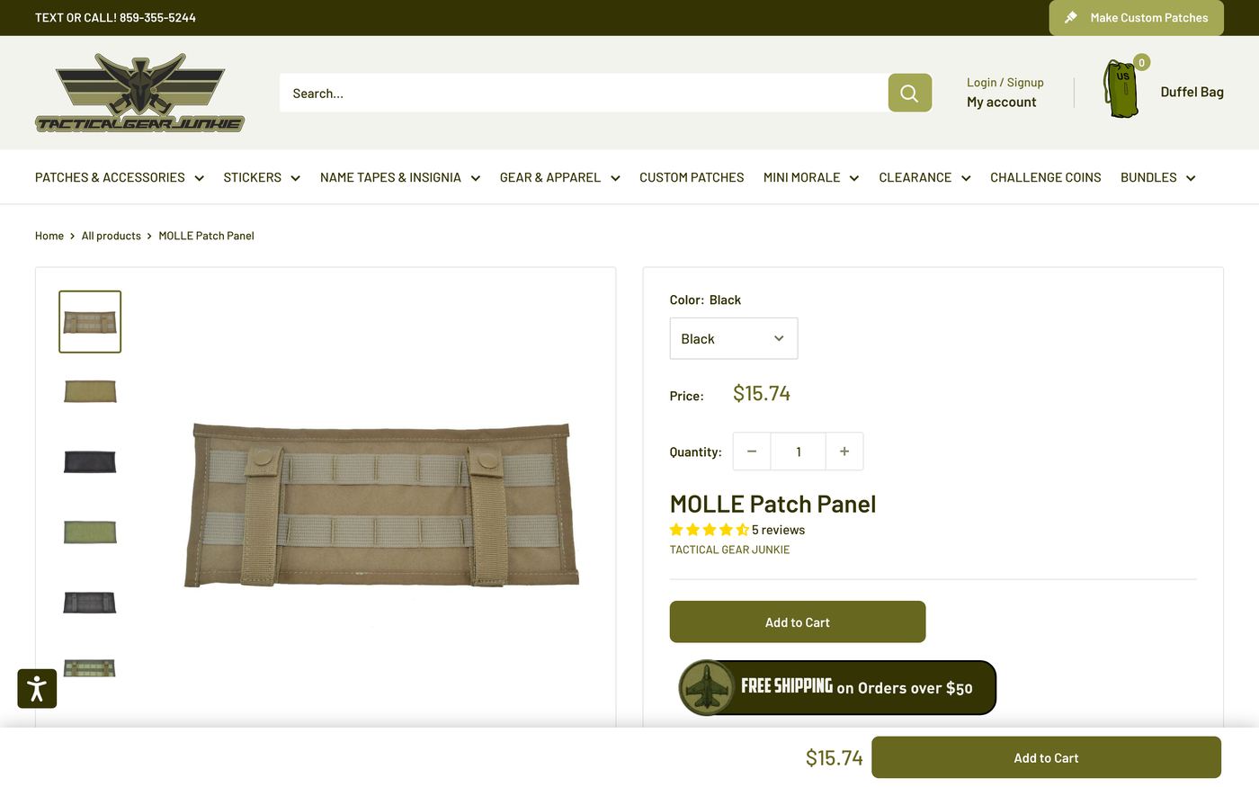 Tactical Gear Junkie product page screenshot showing custom patch offerings