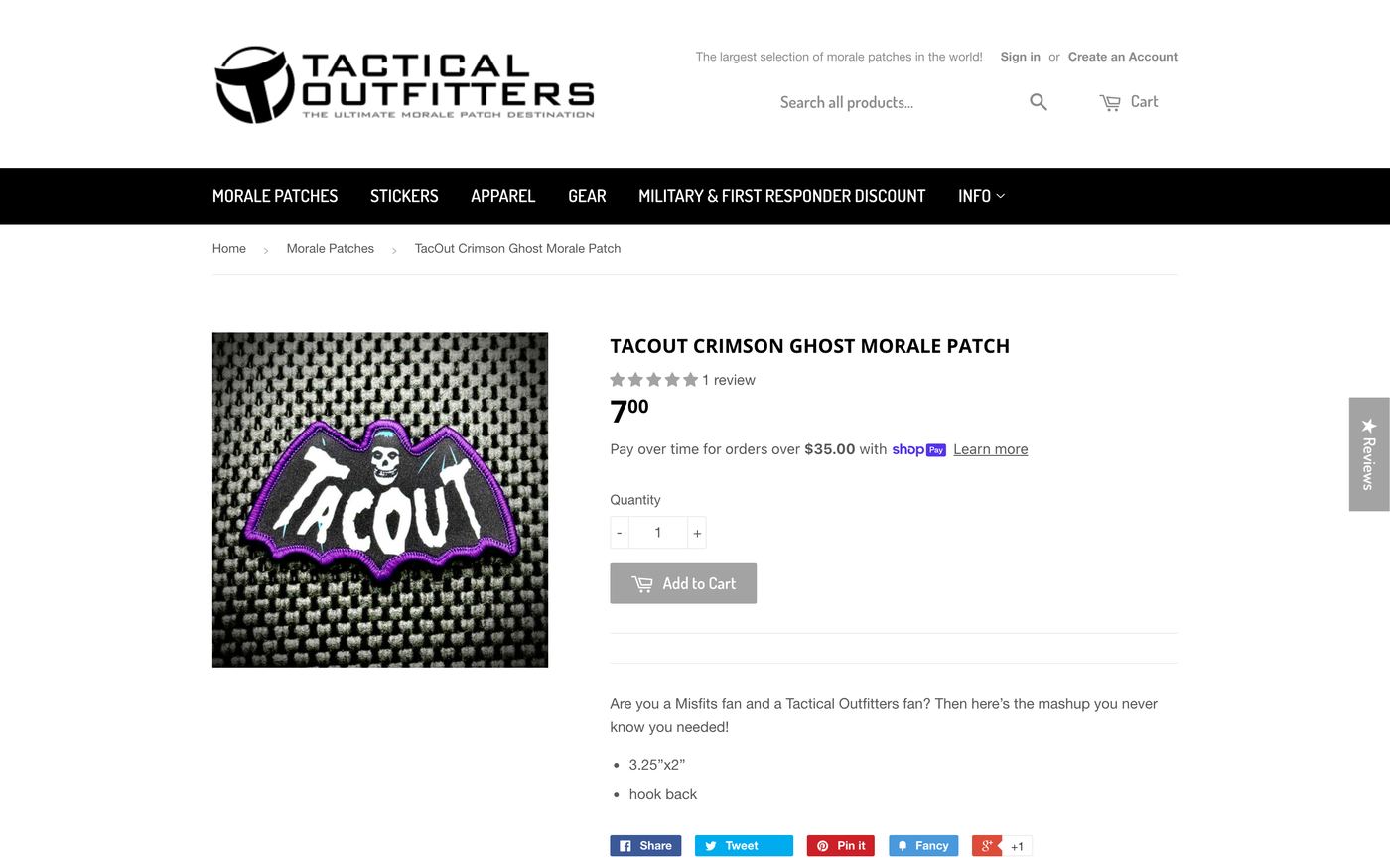 Tactical Outfitters product page screenshot showing custom patch offerings