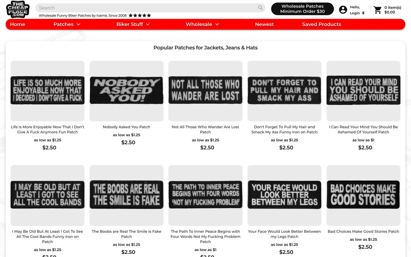 The Cheap Place homepage screenshot showing custom patch offerings