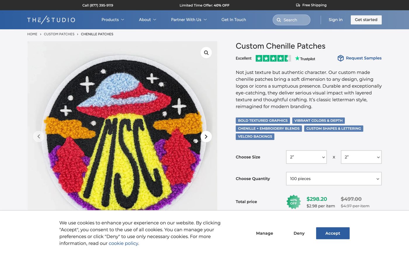 The Studio product page screenshot showing custom patch offerings