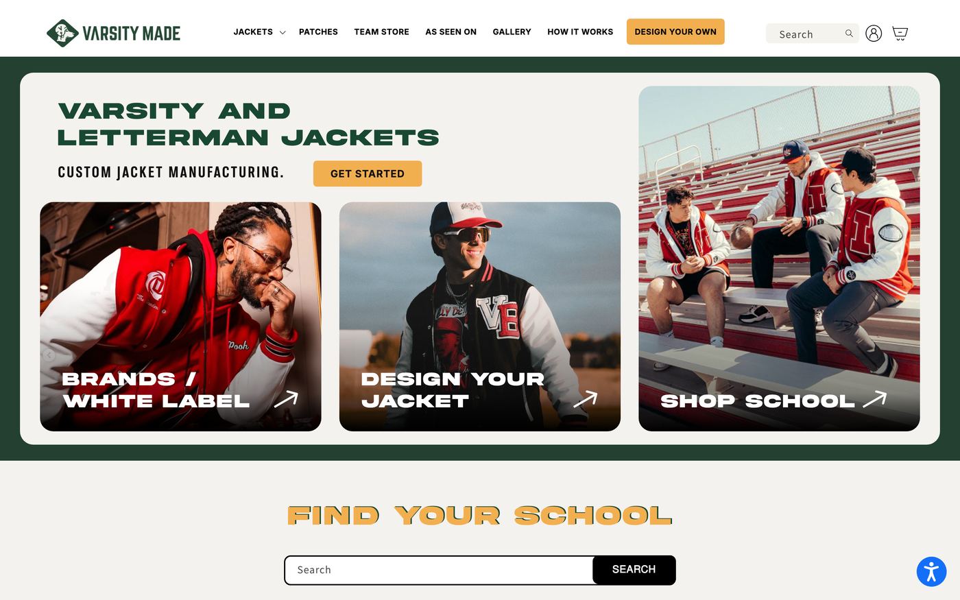 Varsity Made homepage screenshot showing custom patch offerings