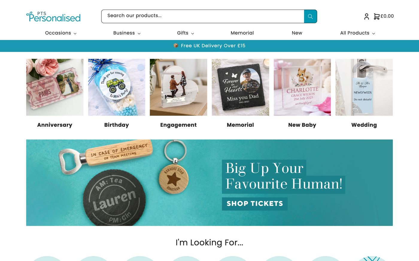Pens ptspersonalised.co.uk homepage screenshot