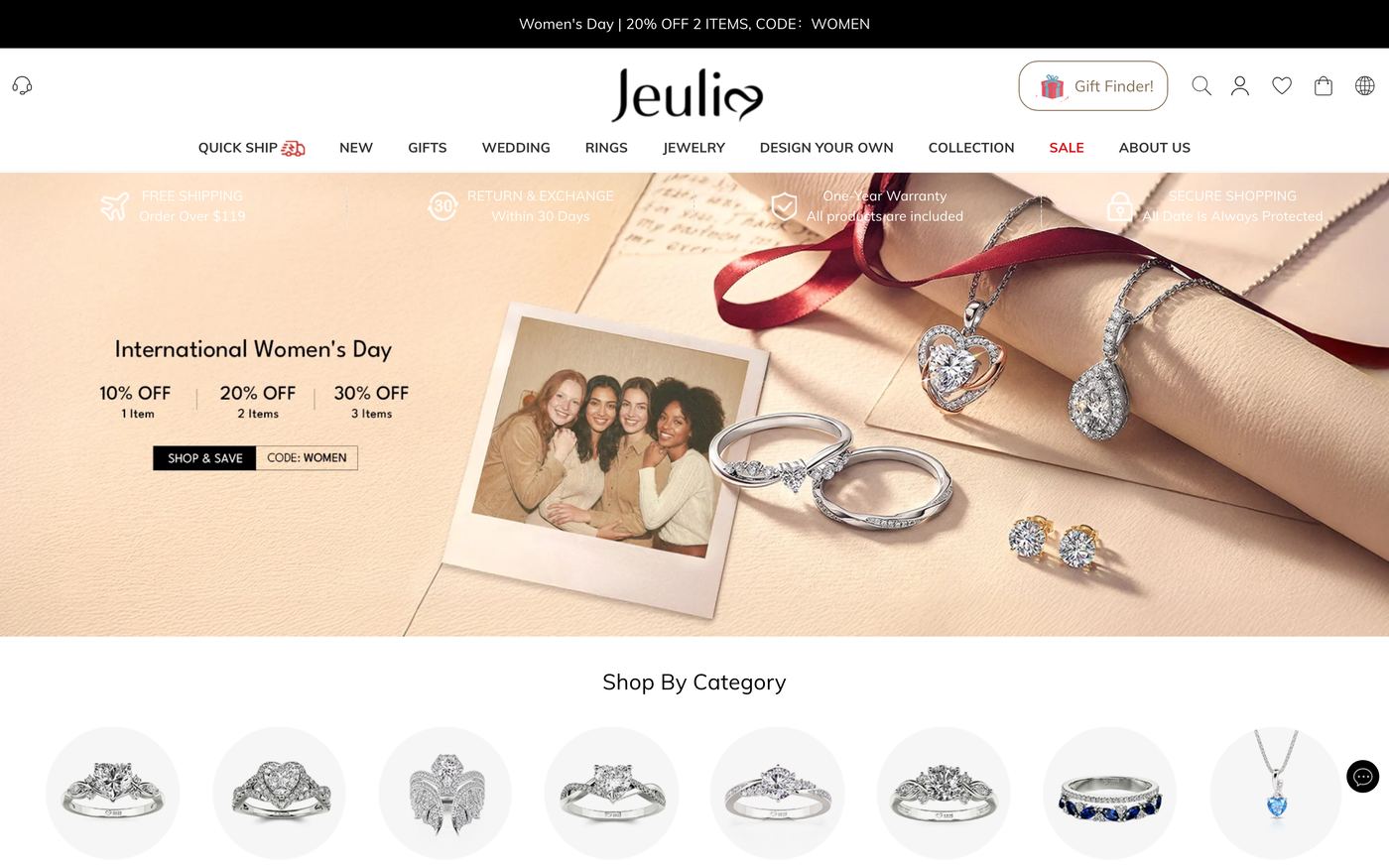 Rings Jeulia Com homepage screenshot showing rings offerings