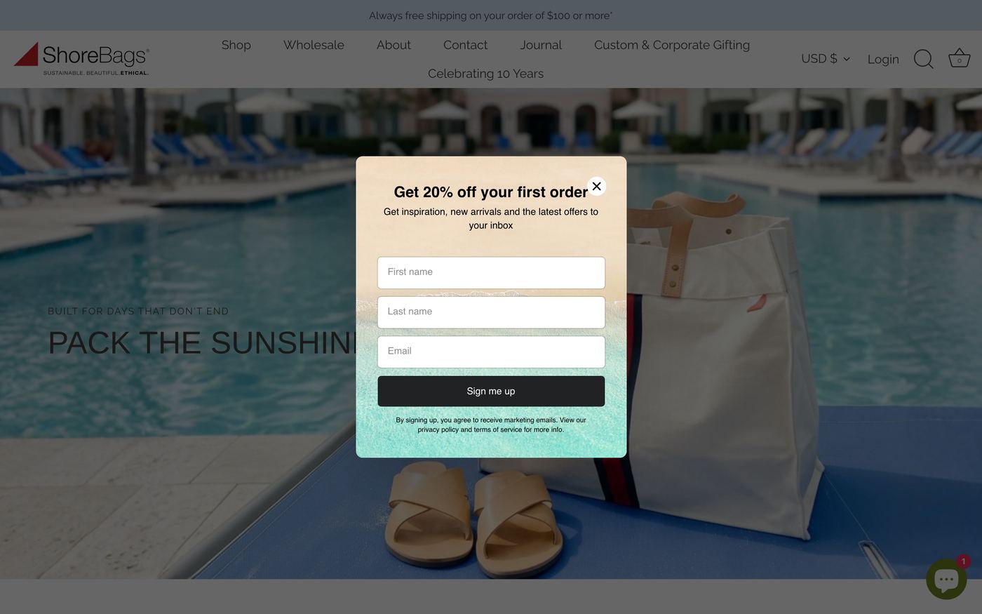 Tote Bags shorebags.com homepage screenshot