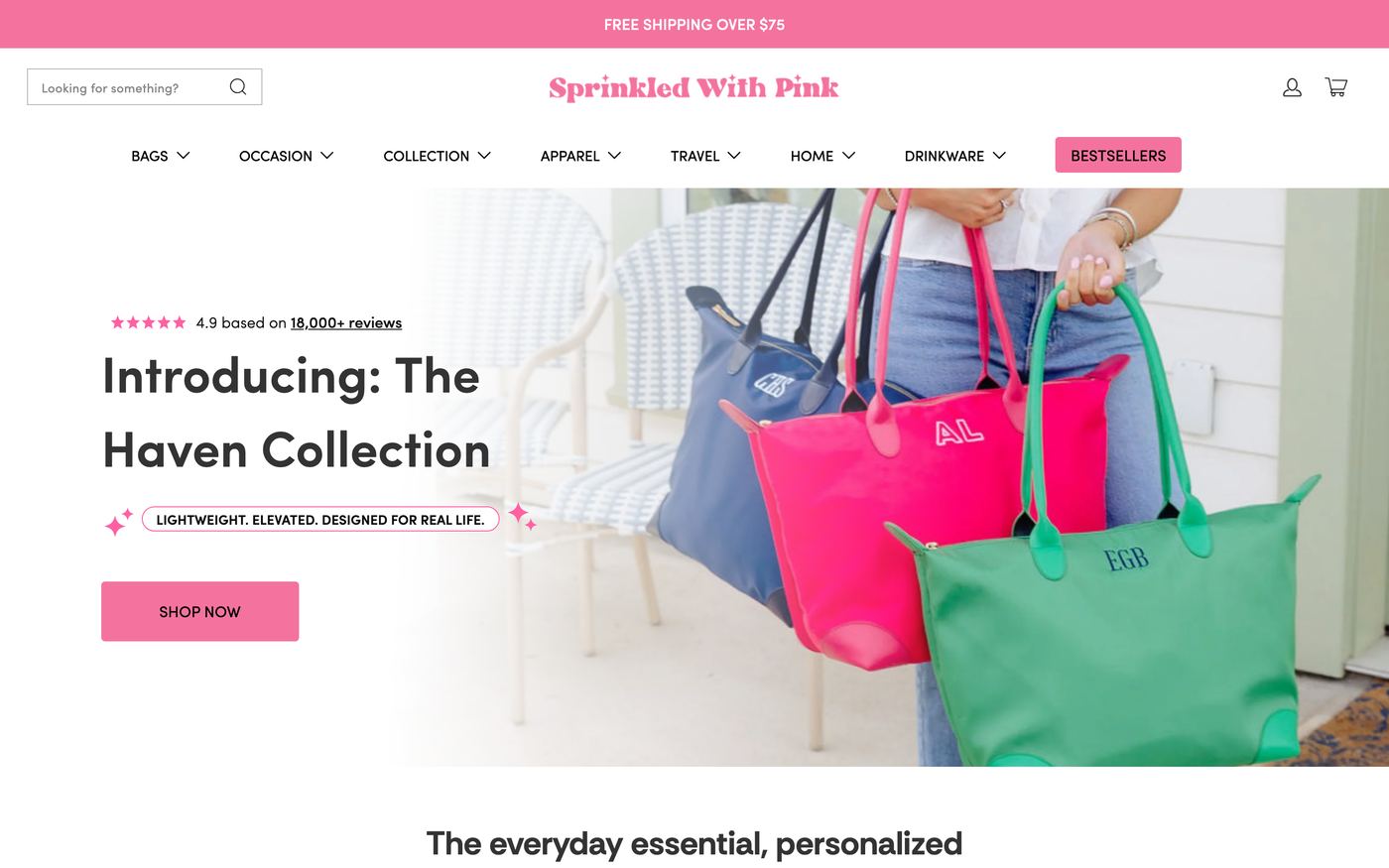 Tote Bags sprinkledwithpinkshop.com homepage screenshot