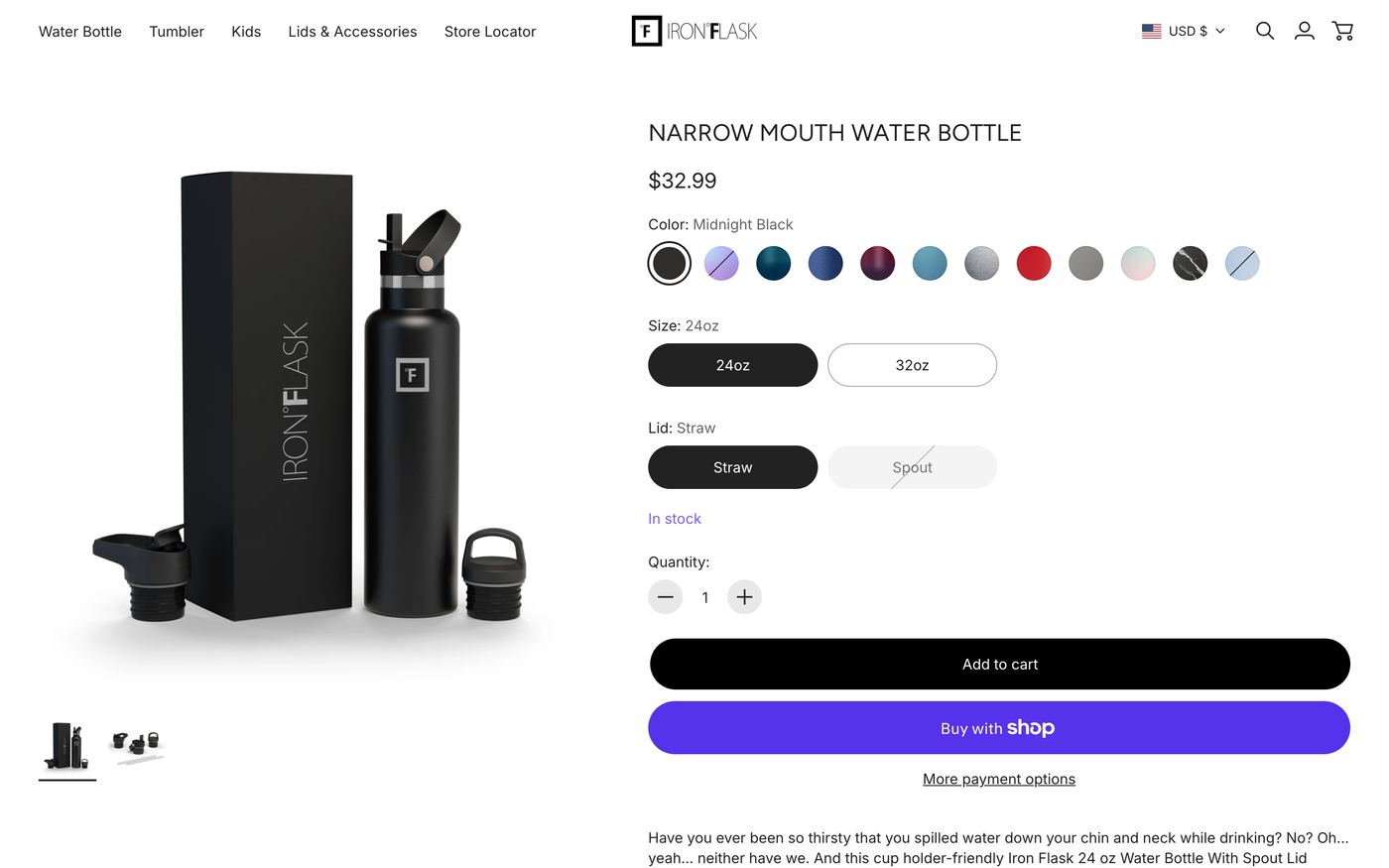 Iron Flask Shopify store product page screenshot