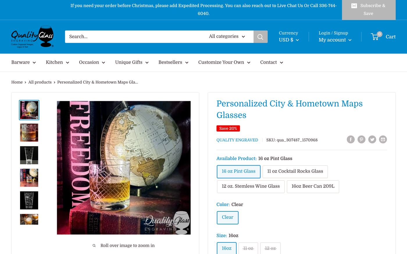 Quality Glass Engraving Shopify store product page screenshot
