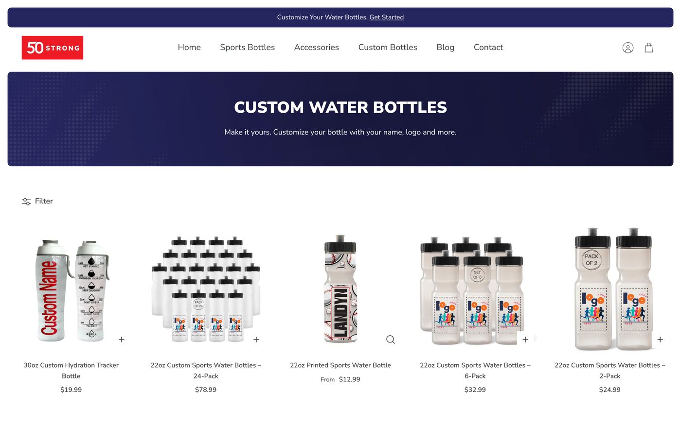 Water Bottles 50 Strong page screenshot showing water bottles offerings