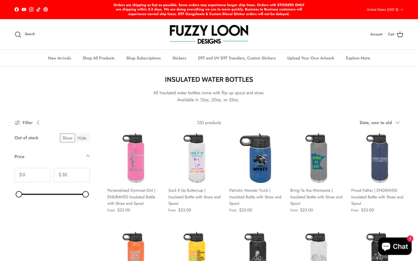 Water Bottles Bottles Fuzzyloondesigns page screenshot showing water bottles offerings