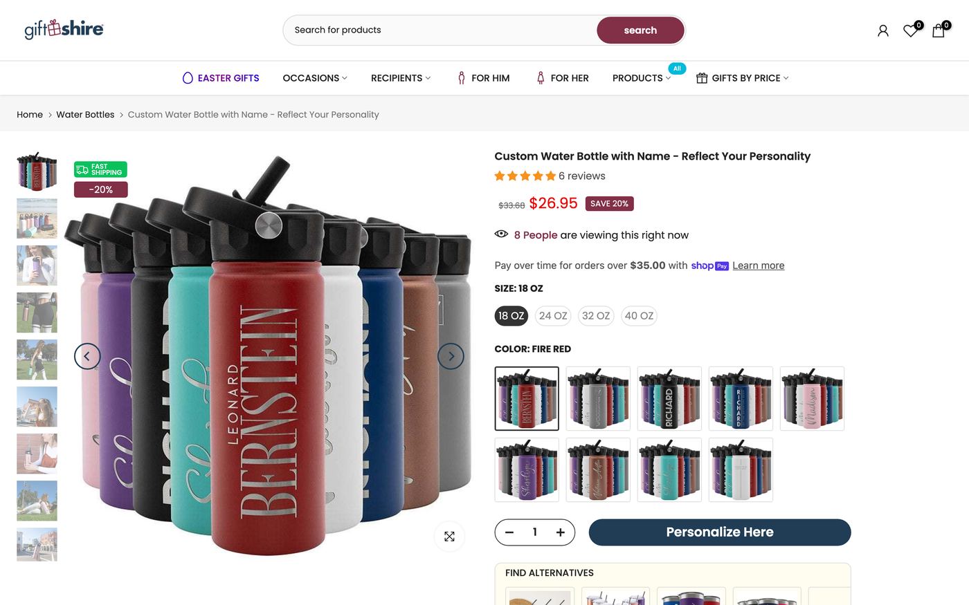 Water Bottles Giftshire page screenshot showing water bottles offerings