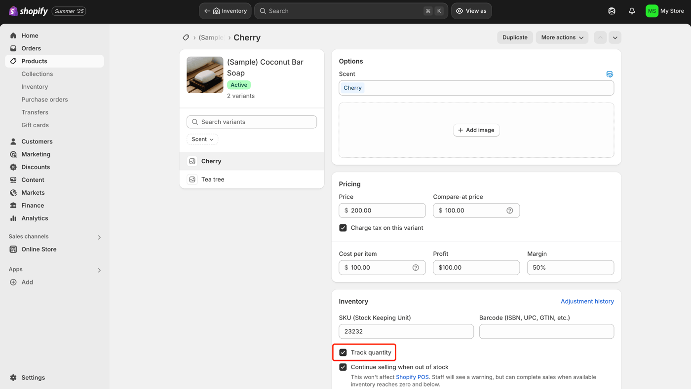 In the Inventory section, check "Track quantity"