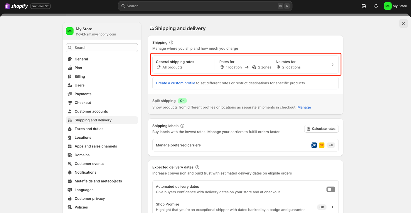 Access Shipping Settings: Navigate to Settings > Shipping and delivery in your Shopify admin dashboard.