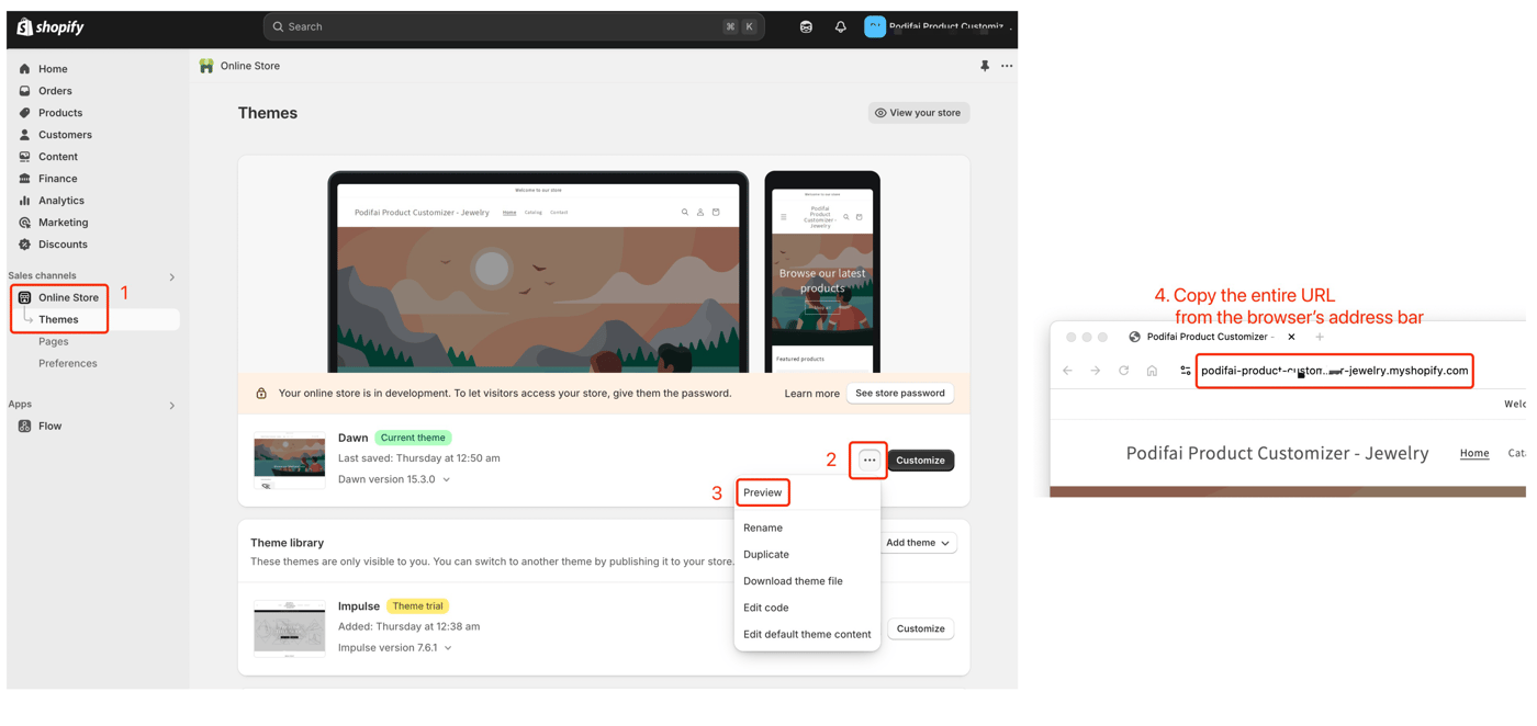 Find and copy your Shopify store URL by previewing your online store from the dashboard and copying the full URL from the browser's address bar.