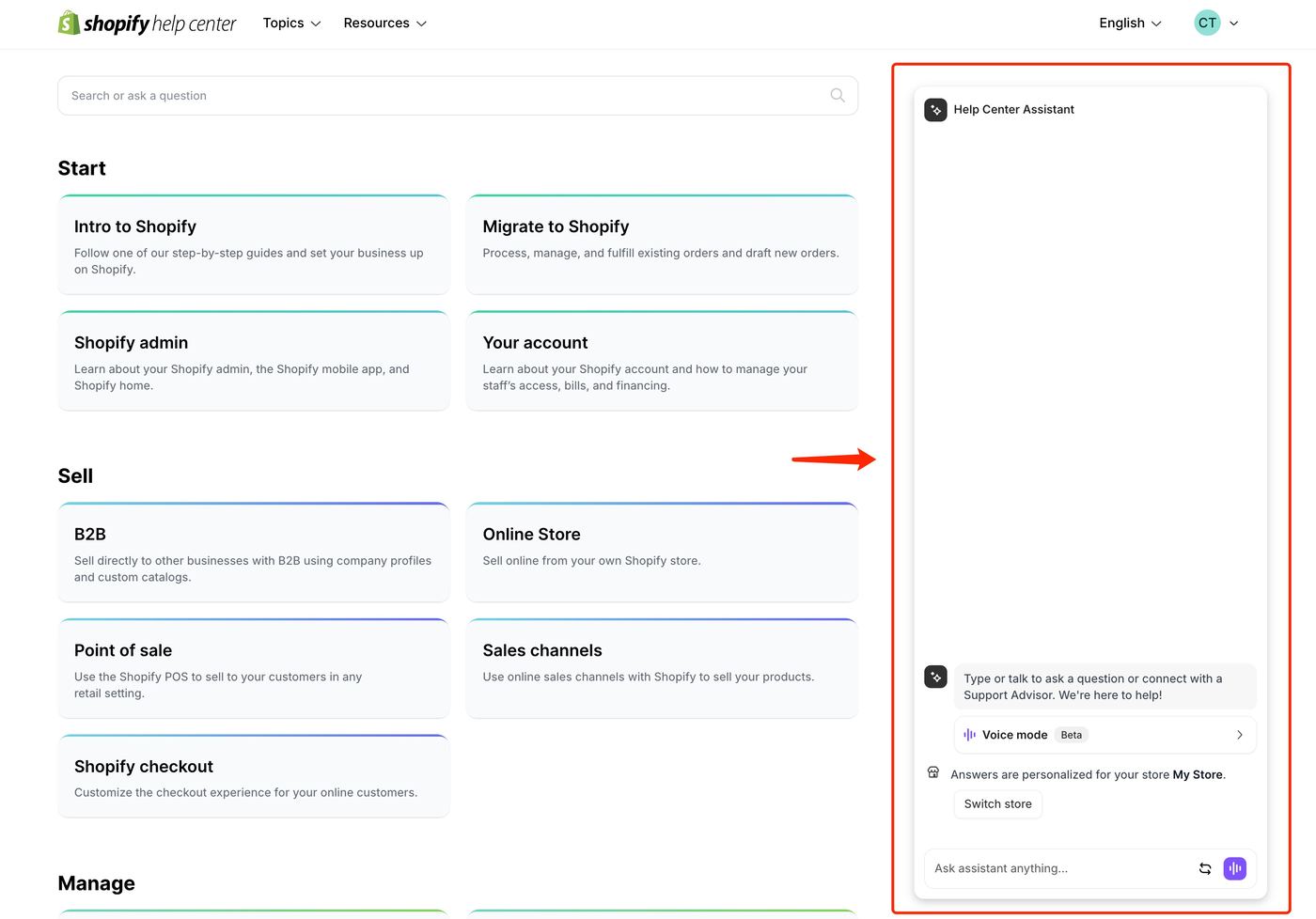 Shopify Help Center page with a red arrow pointing to the Help Center Assistant live chat window in the right side of the whole page.