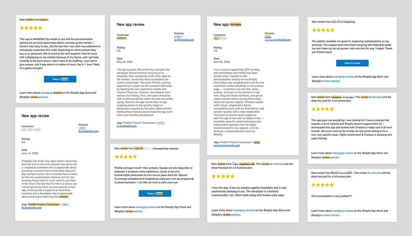 5-star reviews from merchants - Podifai product customizer