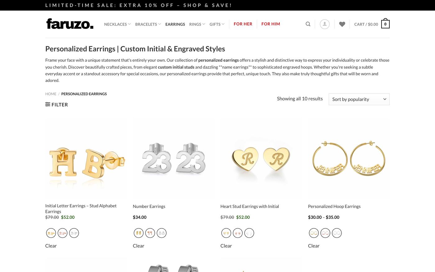 Faruzo name hoop earrings with font selection and custom metal finishes