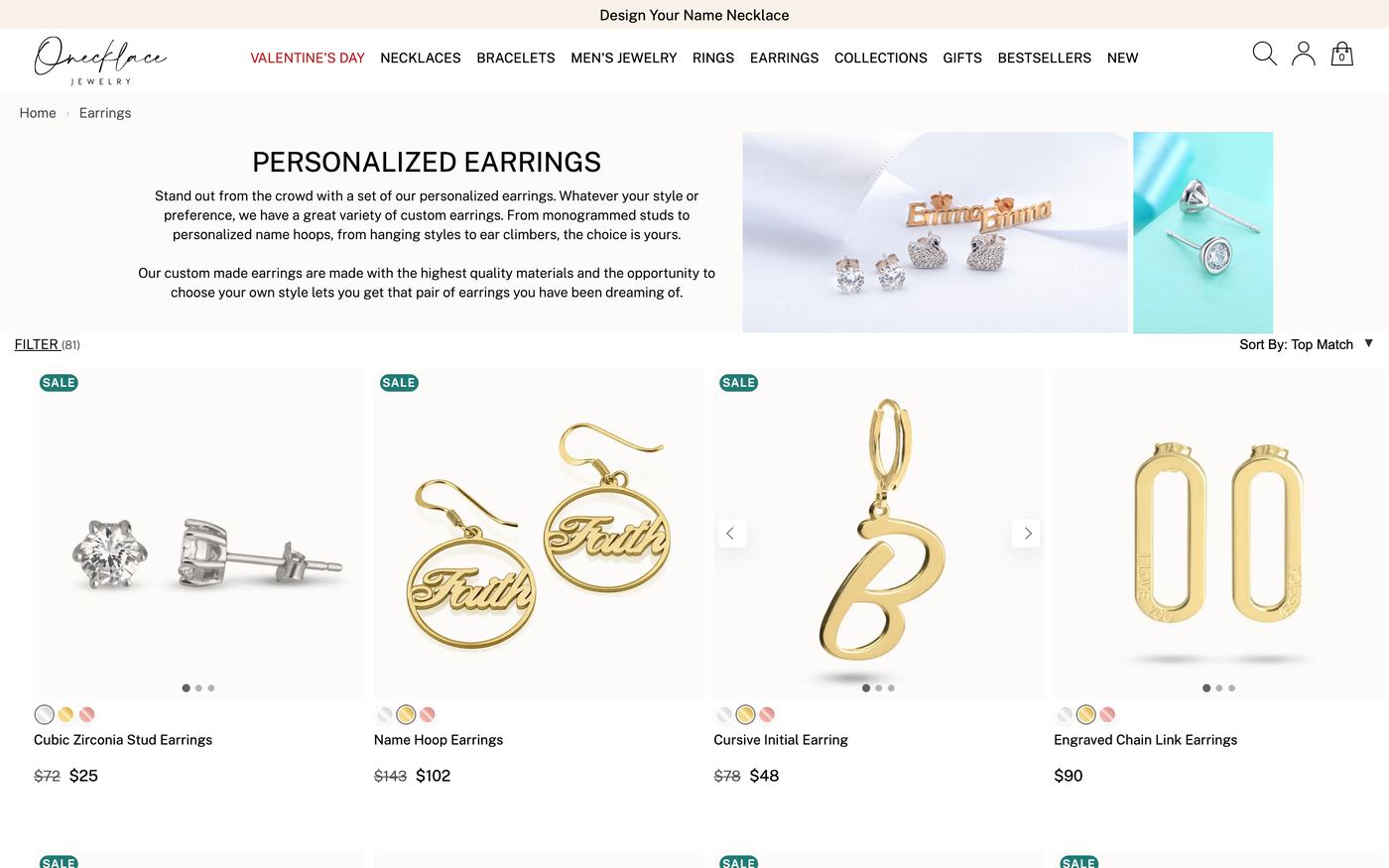oNecklace name hoop earring customizer with font selection and metal choice options