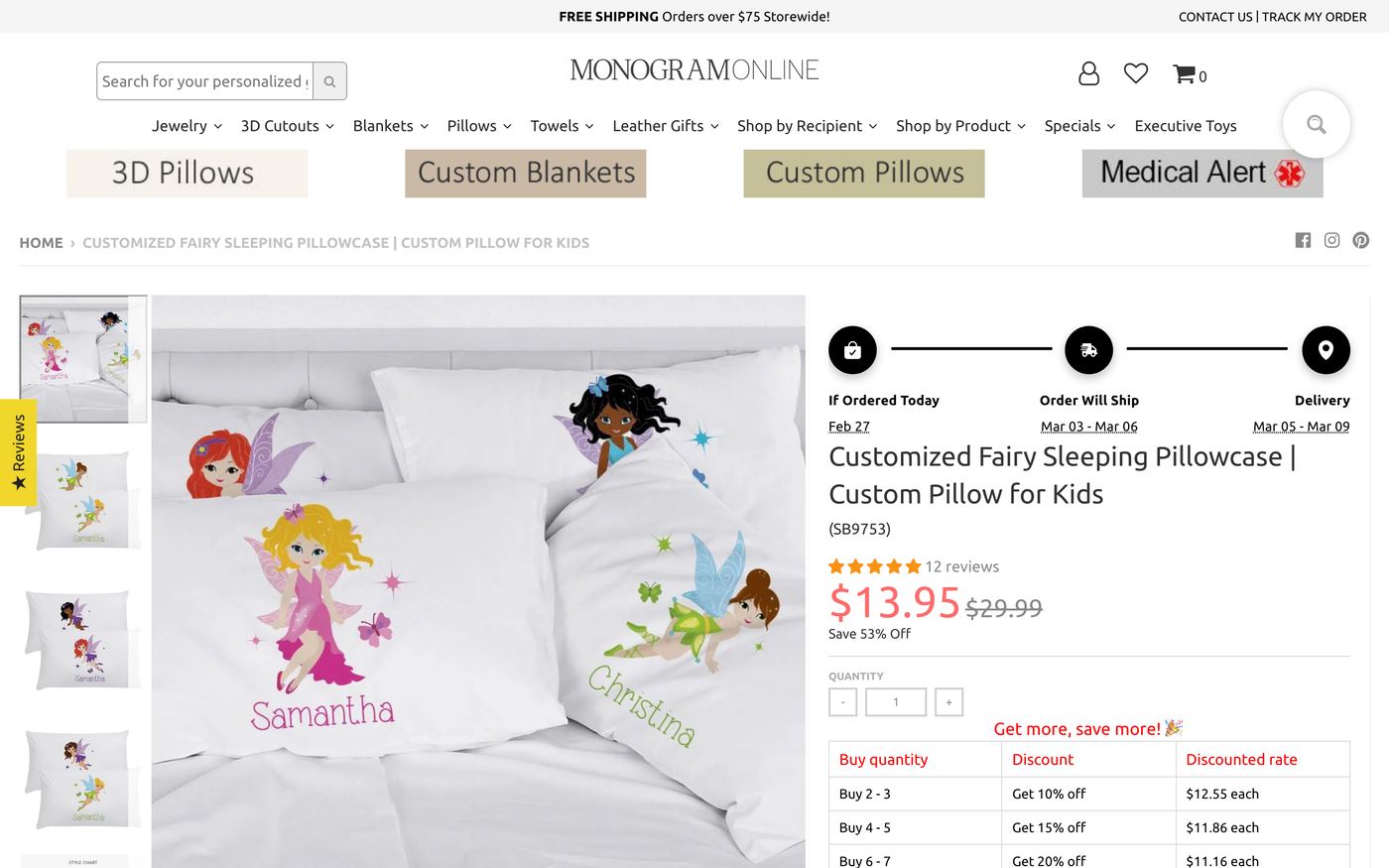 Personalized pillow store interface showing customization options, product previews, and ordering workflow
