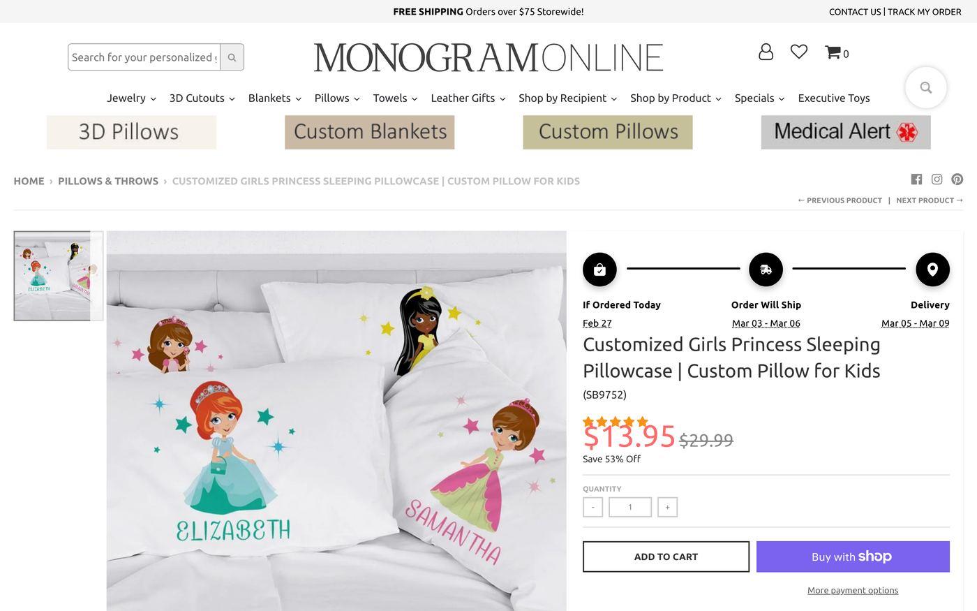 Personalized pillow store interface showing customization options, product previews, and ordering workflow