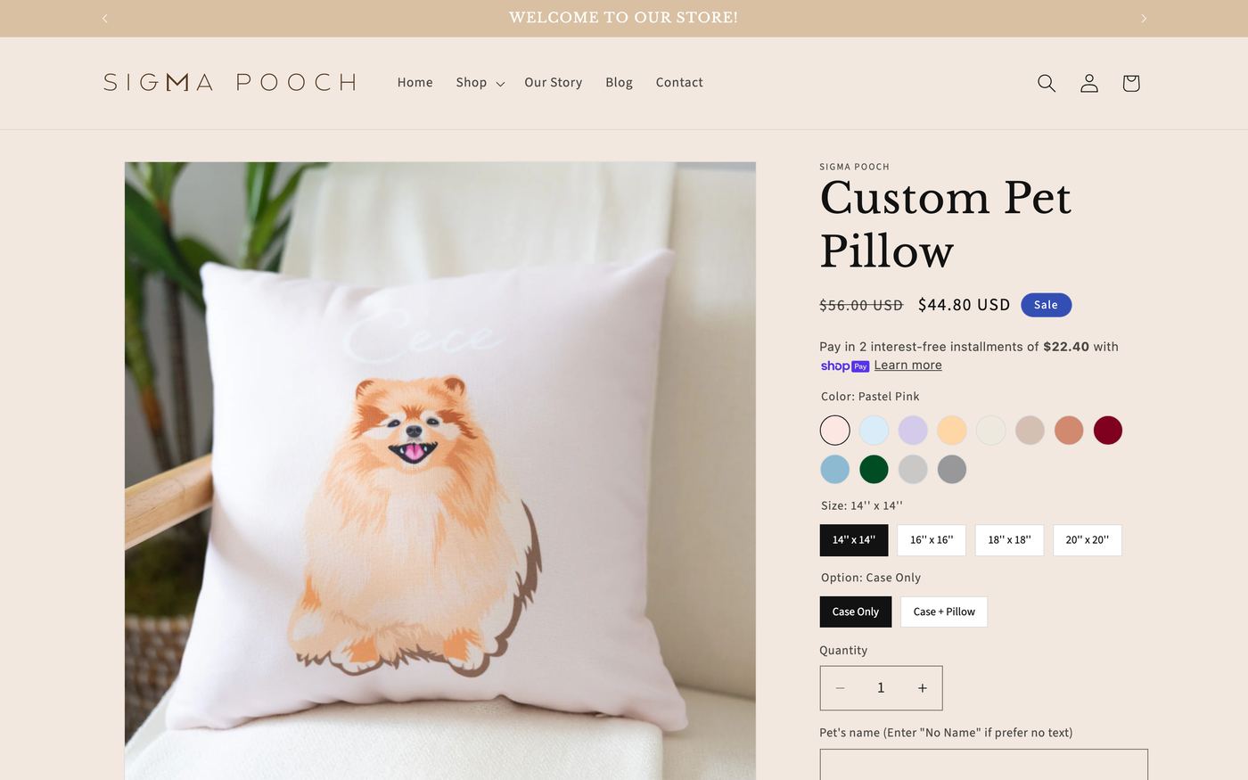 Personalized pillow store interface showing customization options, product previews, and ordering workflow