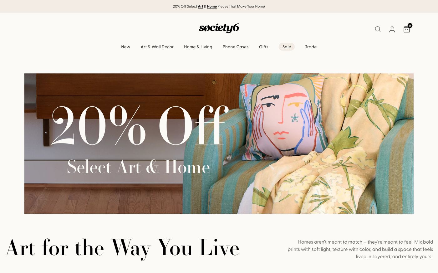 Society6 artist marketplace featuring designer pillow collections with independent artist collaborations and trendy patterns