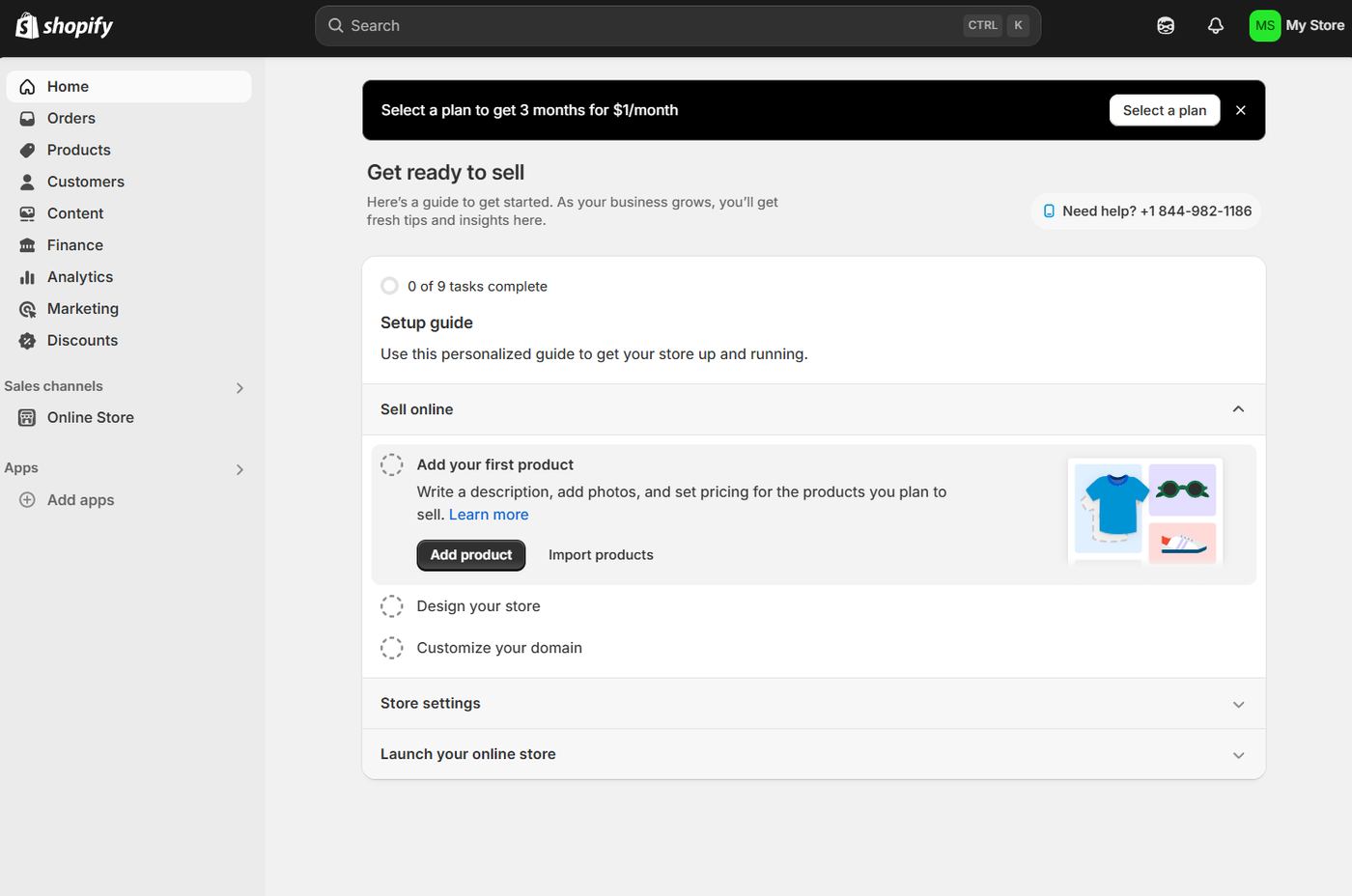Shopify admin dashboard with setup guide for adding products, designing the store, and launching online.