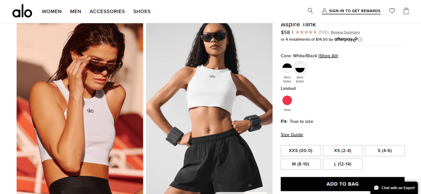 Alo Yoga’s product page