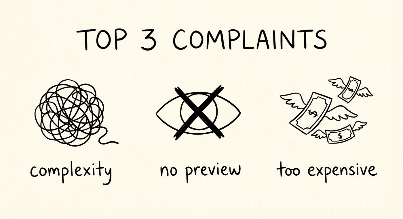 Bar chart showing top complaints about Shopify product customizer apps: complexity leads with 7 merchants, followed by lack of real-time preview and high cost with 5 merchants each