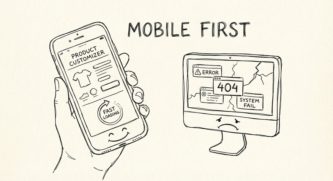 Mobile-first design concept showing a smartphone displaying a product customizer interface, highlighting the importance of mobile optimization for e-commerce apps