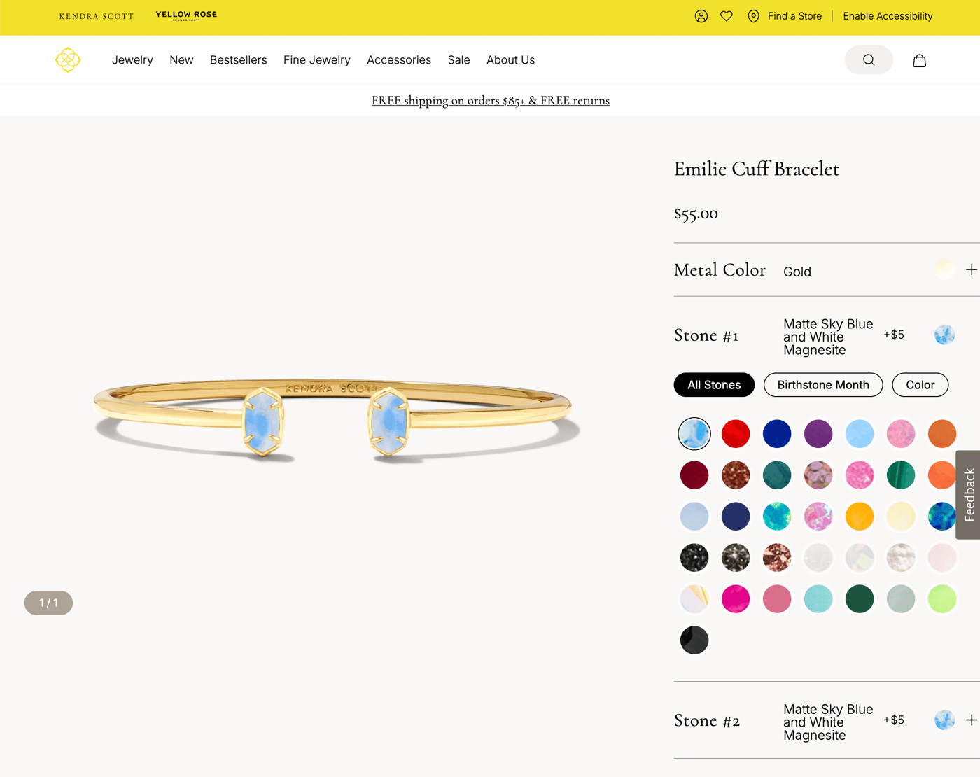 Kendra Scott Color Bar customizer showing gold bracelet with stone selection swatches and color filter options