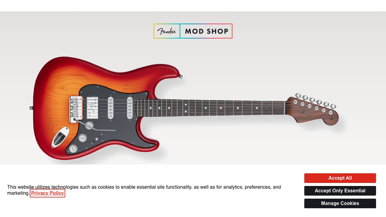 Fender Mod Shop — the guitar is decomposed into 5 separate .glb files (body, fingerboard, neckplate, shadowplane, background), all rendered via Babylon.js.