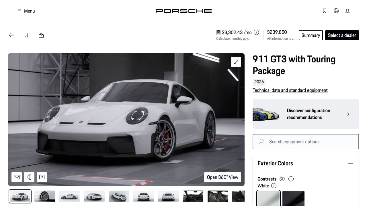 Porsche 911 GT3 Touring configurator — 46 pre-rendered images, zero WebGL. Fast by default, 3D optional.
