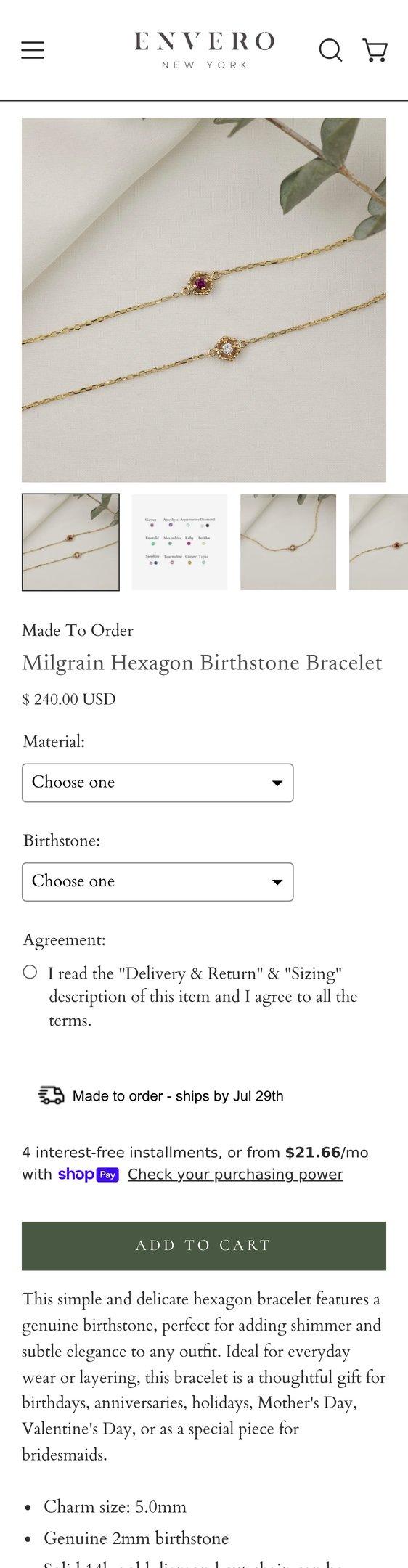 Milgrain Hexagon Birthstone Bracelet