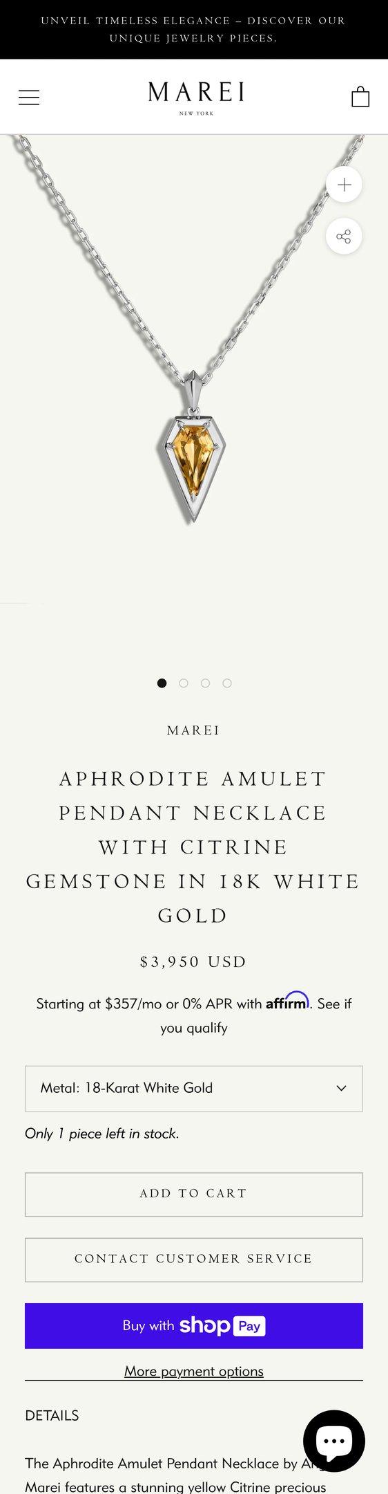 Aphrodite Amulet Pendant Necklace With Citrine Gemstone In 18K White Gold