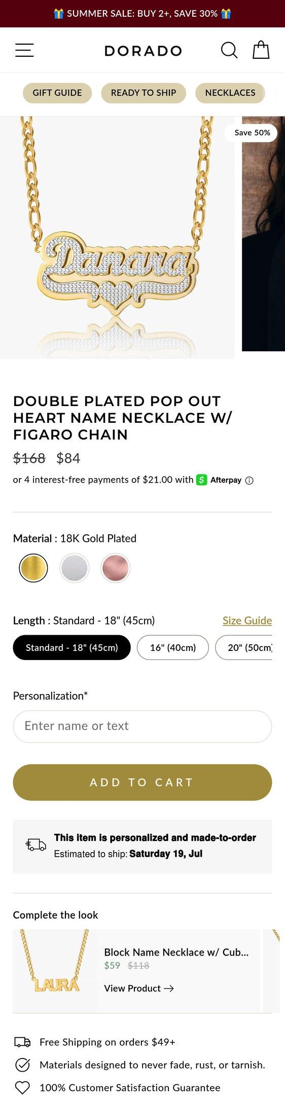 Double Plated Pop Out Heart Name Necklace w/ Figaro Chain