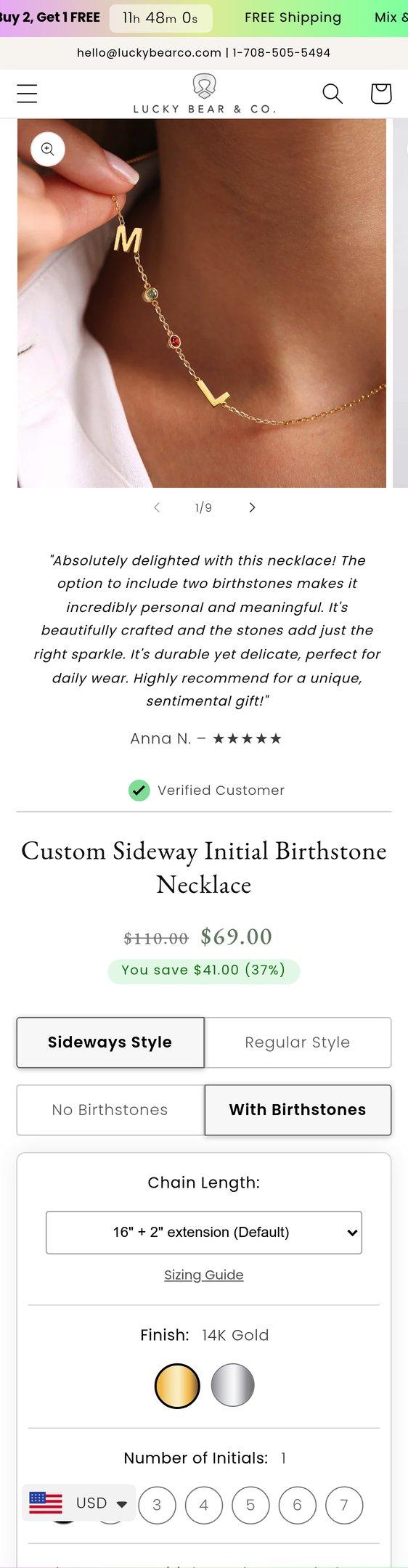 Custom Sideway Initial Birthstone Necklace
