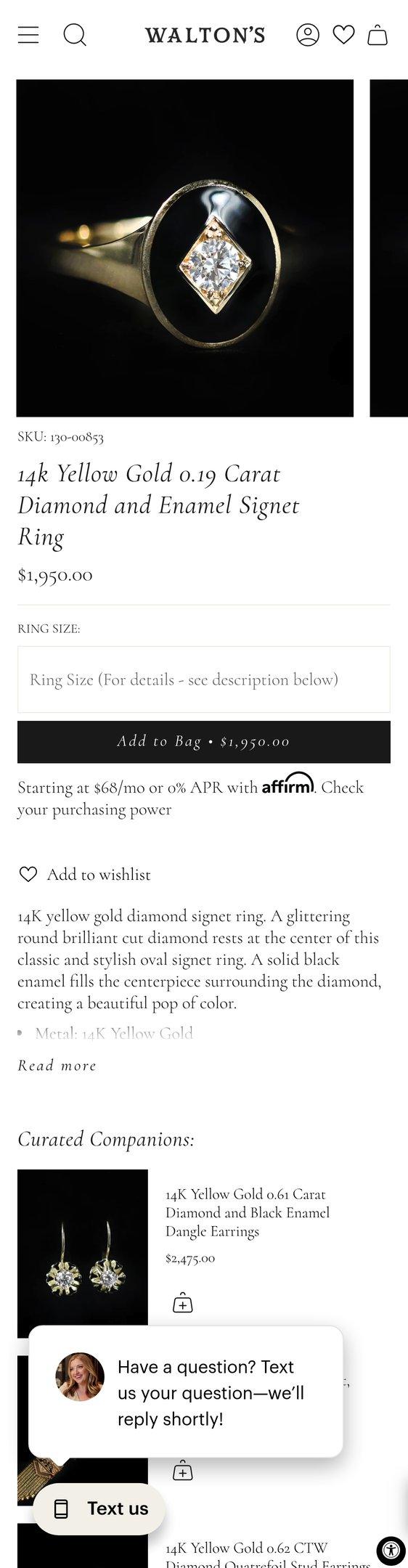 14k Yellow Gold 0.19 Carat Diamond and Enamel Signet Ring