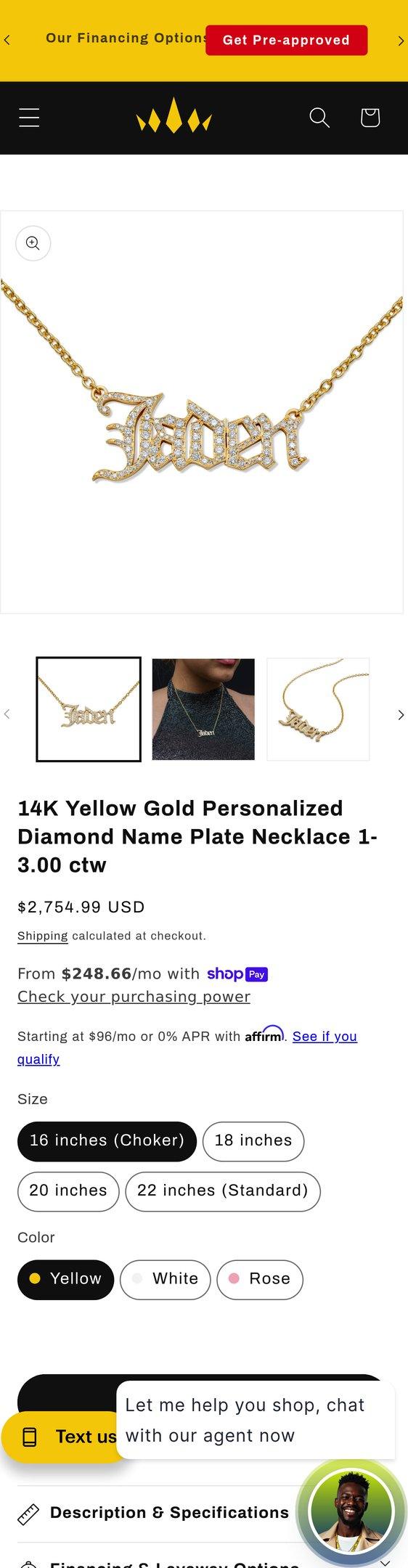 14K Yellow Gold Personalized Diamond Name Plate Necklace 1-3.00 ctw