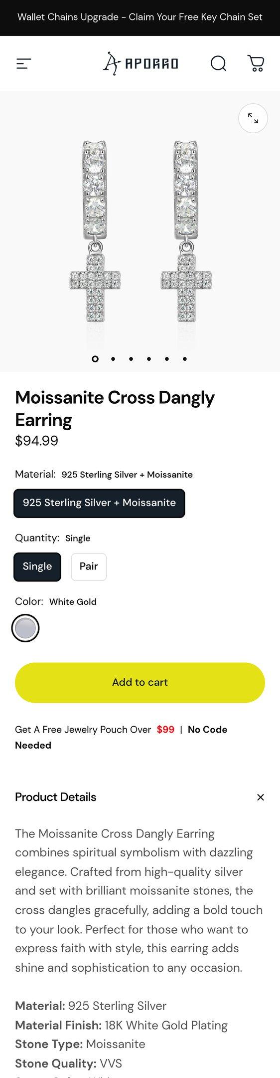Moissanite Cross Dangly Earring