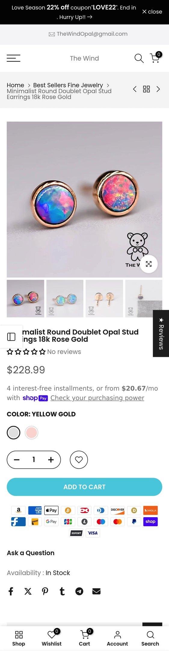 Australian Doublet Round Stud Earrings 18k Rose Gold | The Wind Opal