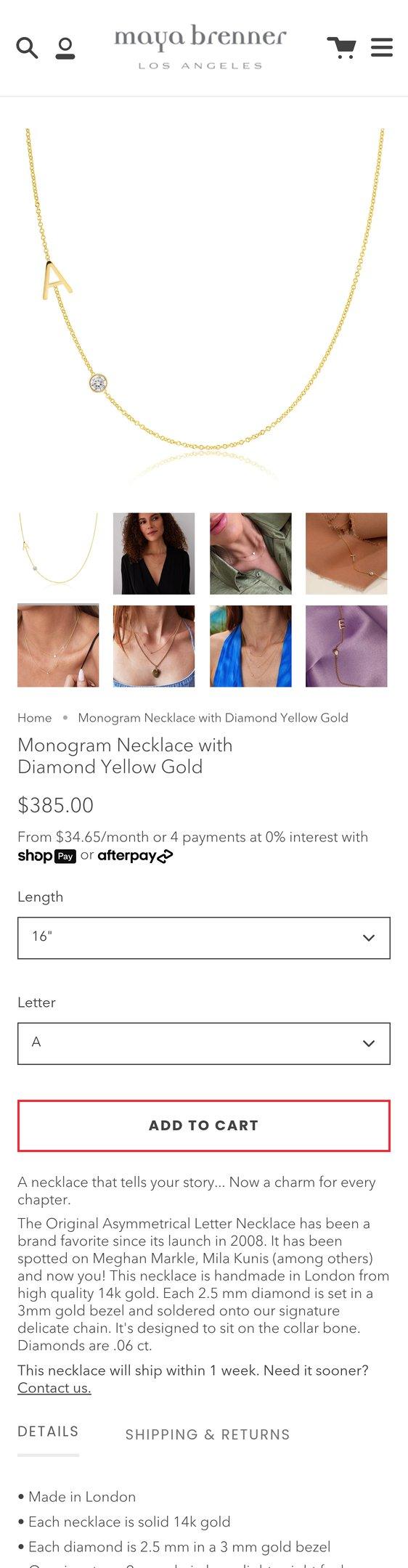 Monogram Necklace with Diamond Yellow Gold