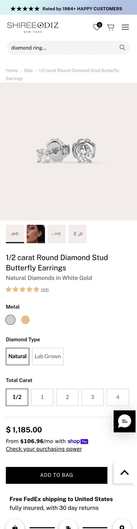 Butterfly Earrings | 1/2 Carat Round Diamond Studs for Women