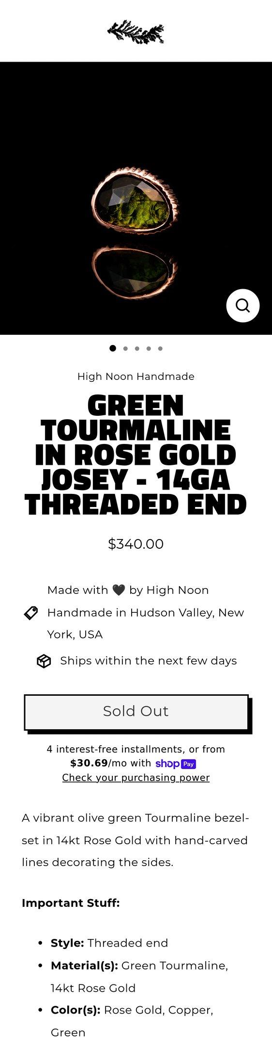 Green Tourmaline in Rose Gold Josey - 14ga Threaded end
