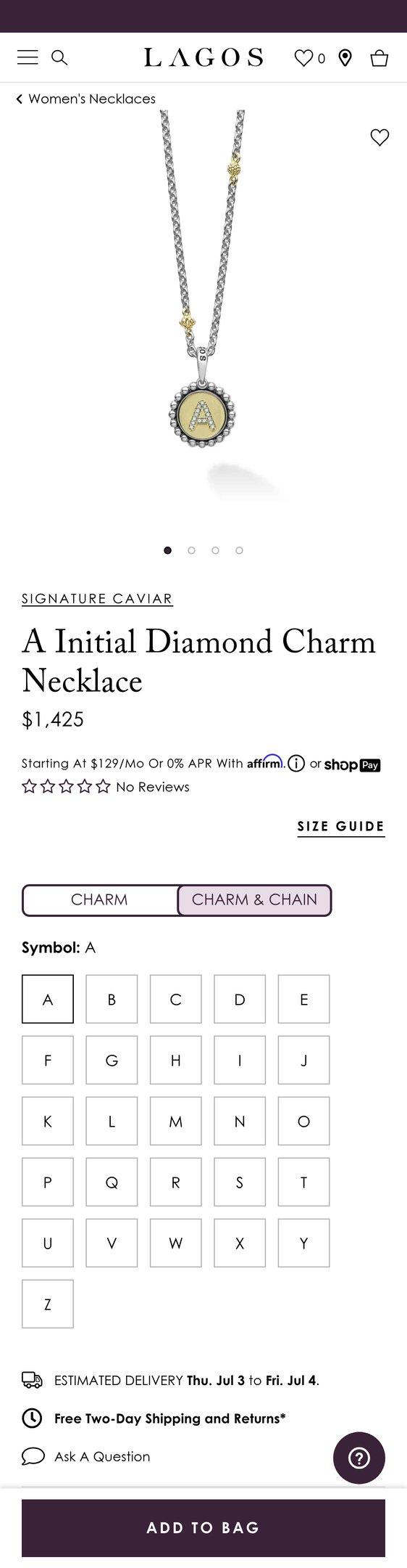 Signature Caviar A Initial Diamond Charm Necklace