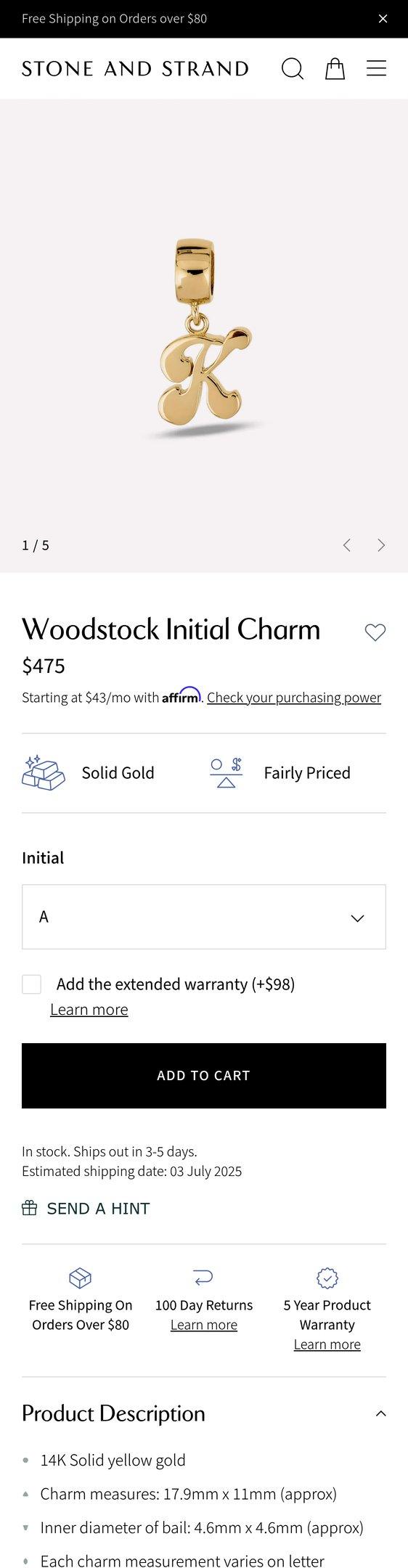 Woodstock Initial Charm