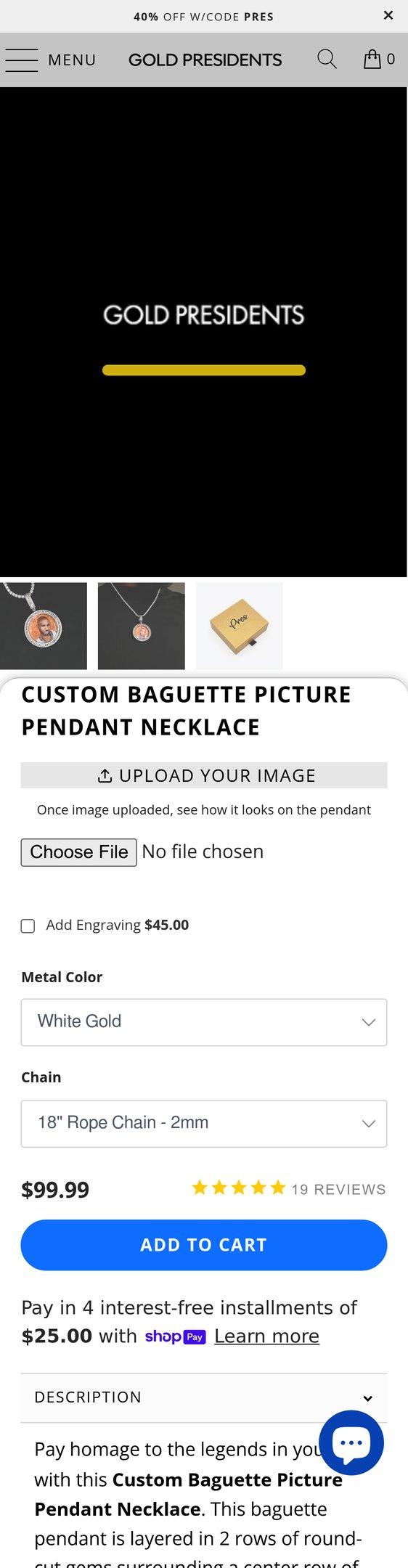 Custom Baguette Picture Pendant Necklace