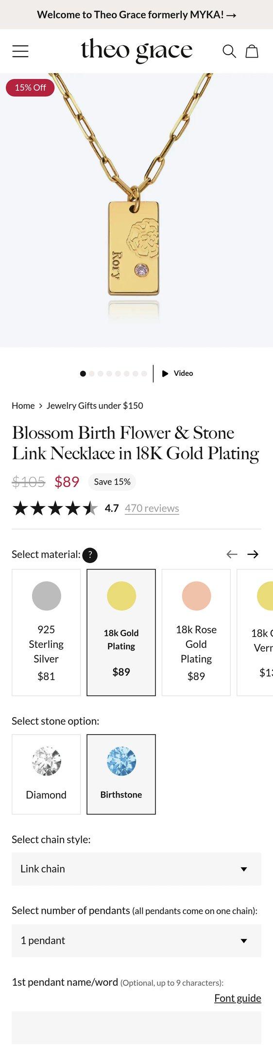 Blossom Birth Flower & Stone Link Necklace in 18K Gold Plating